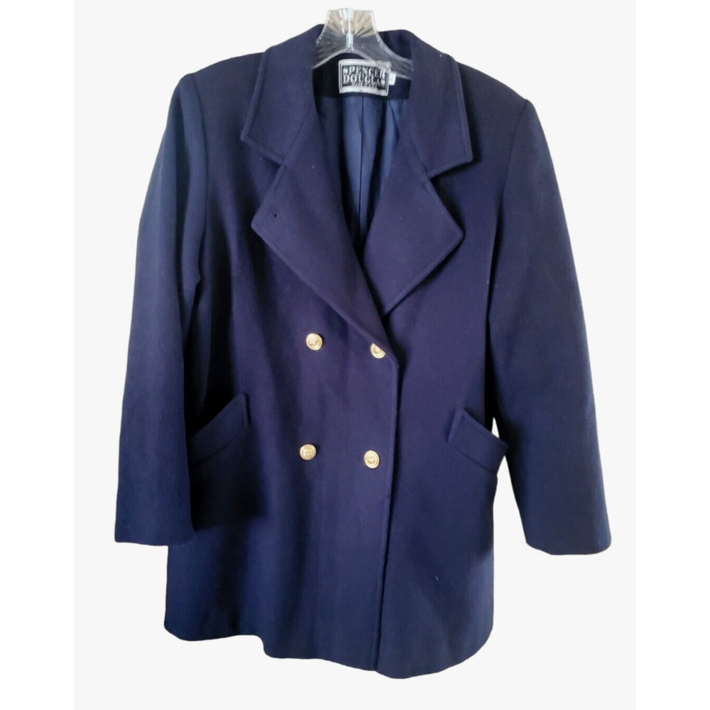 Vintage Spencer Douglas Navy Blue Double-Breasted Gold Button Wool Coat 10 or M